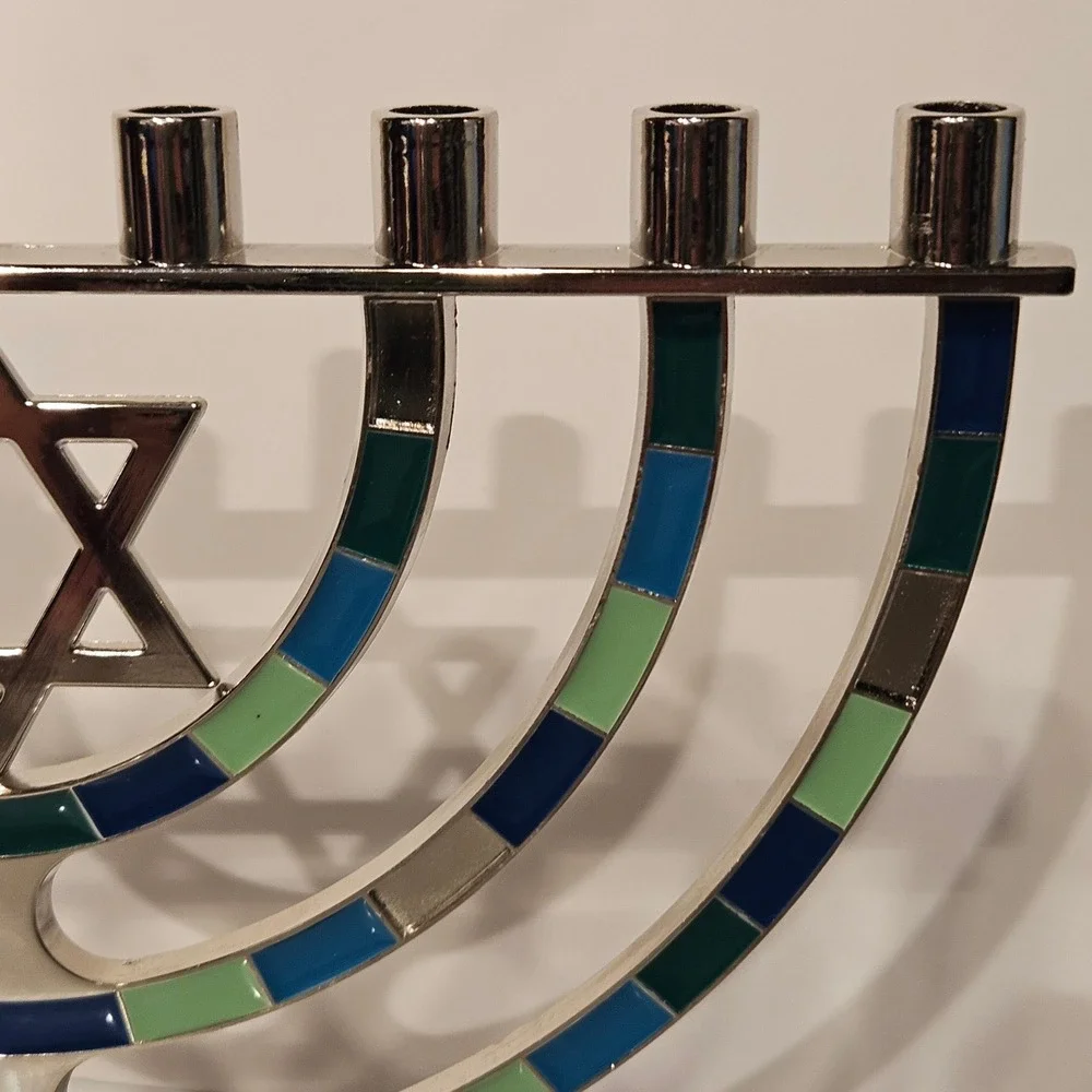 Menorah Hanukkah Chanukiah Silver Blue Green Enamel Star of David with Candles